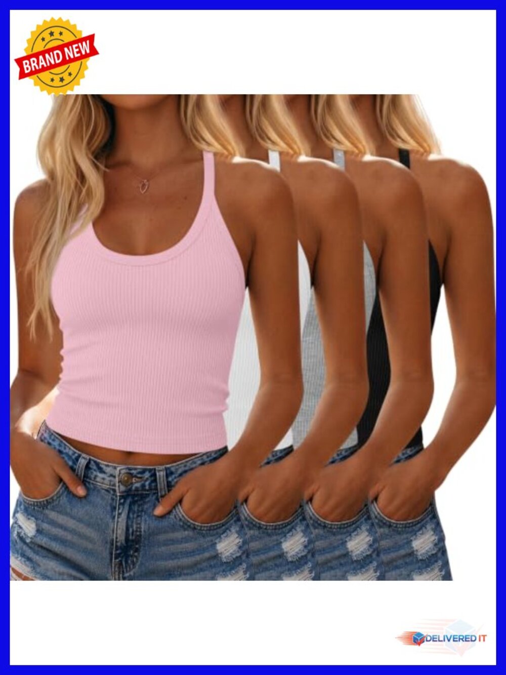 4 Pack Ribbed Scoop Neck Crop Racerback Tank Tops Fitted Y2K